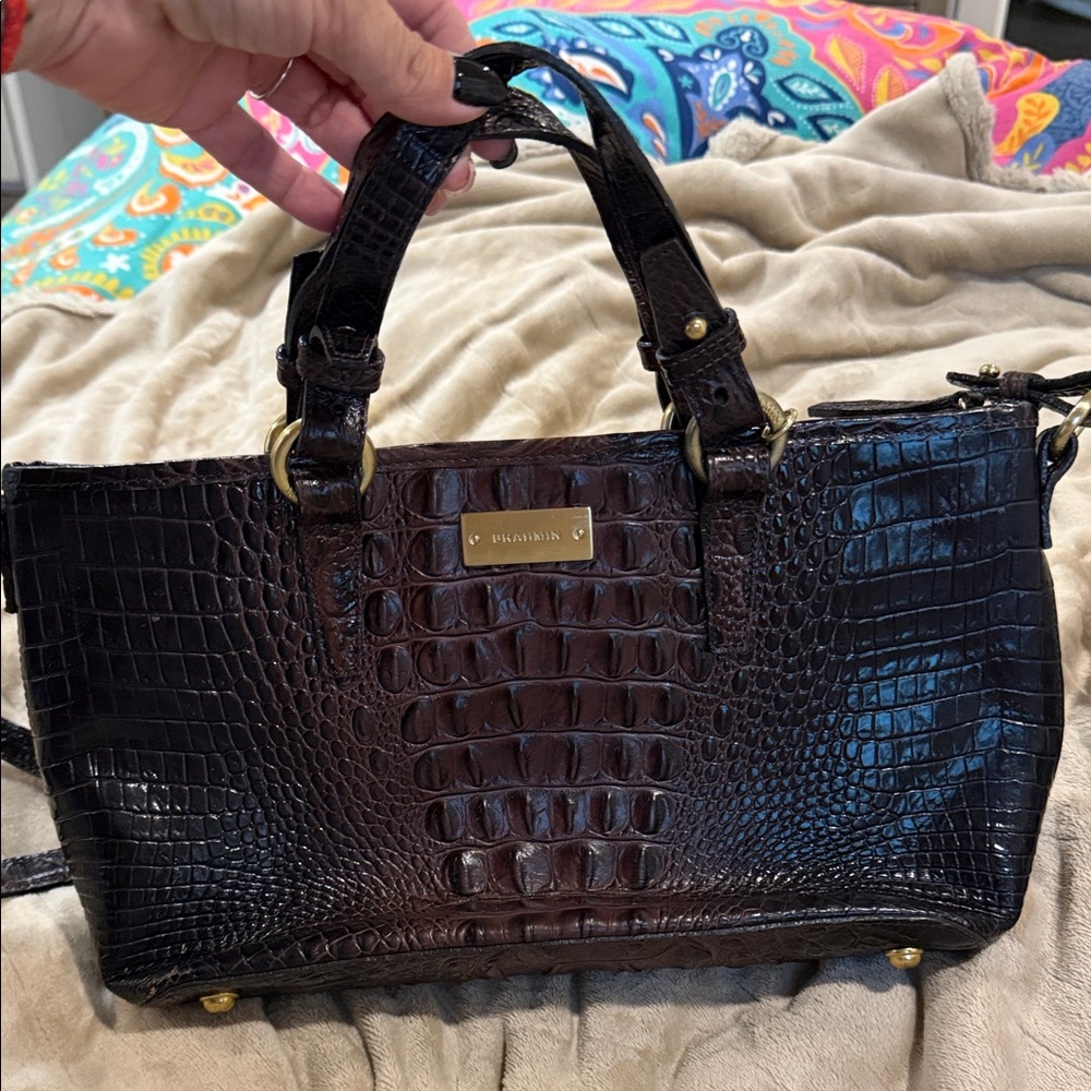 Brahmin Croc-Embossed Satchel in Dark Brown